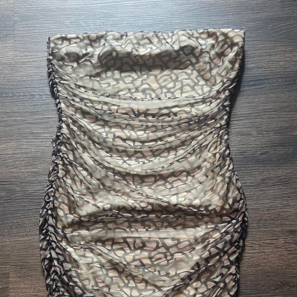 Y2K Grunge Love J Mesh Ruched Strapless Mini Dress L Abstract Geometric Bodycon